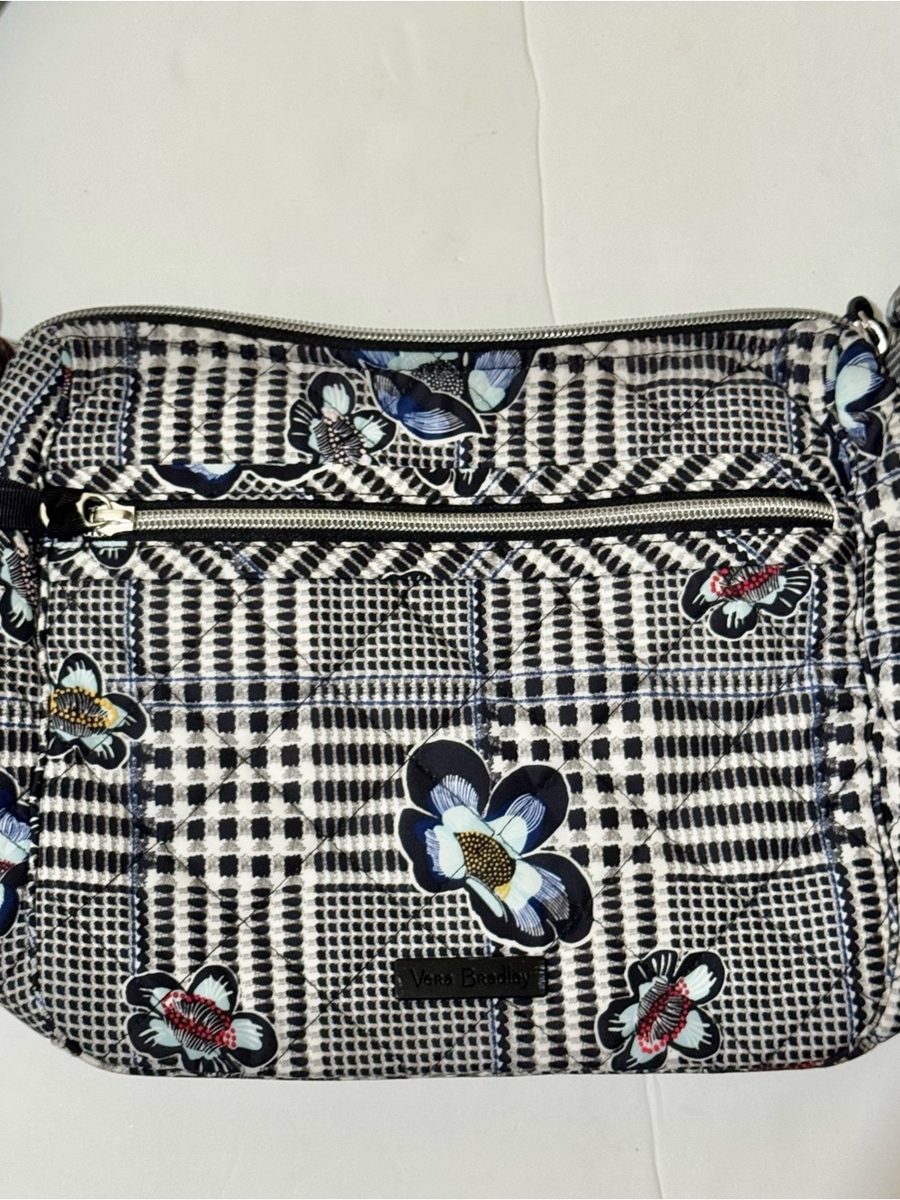 Vera Bradley Quilted Plaid Shoulder Bag with Floral Accents - Black & White